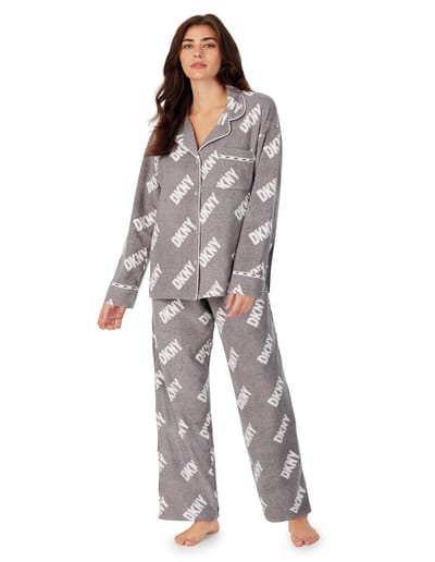 Piżama stretch fleece folded notch & pant sleep set DKNY szary