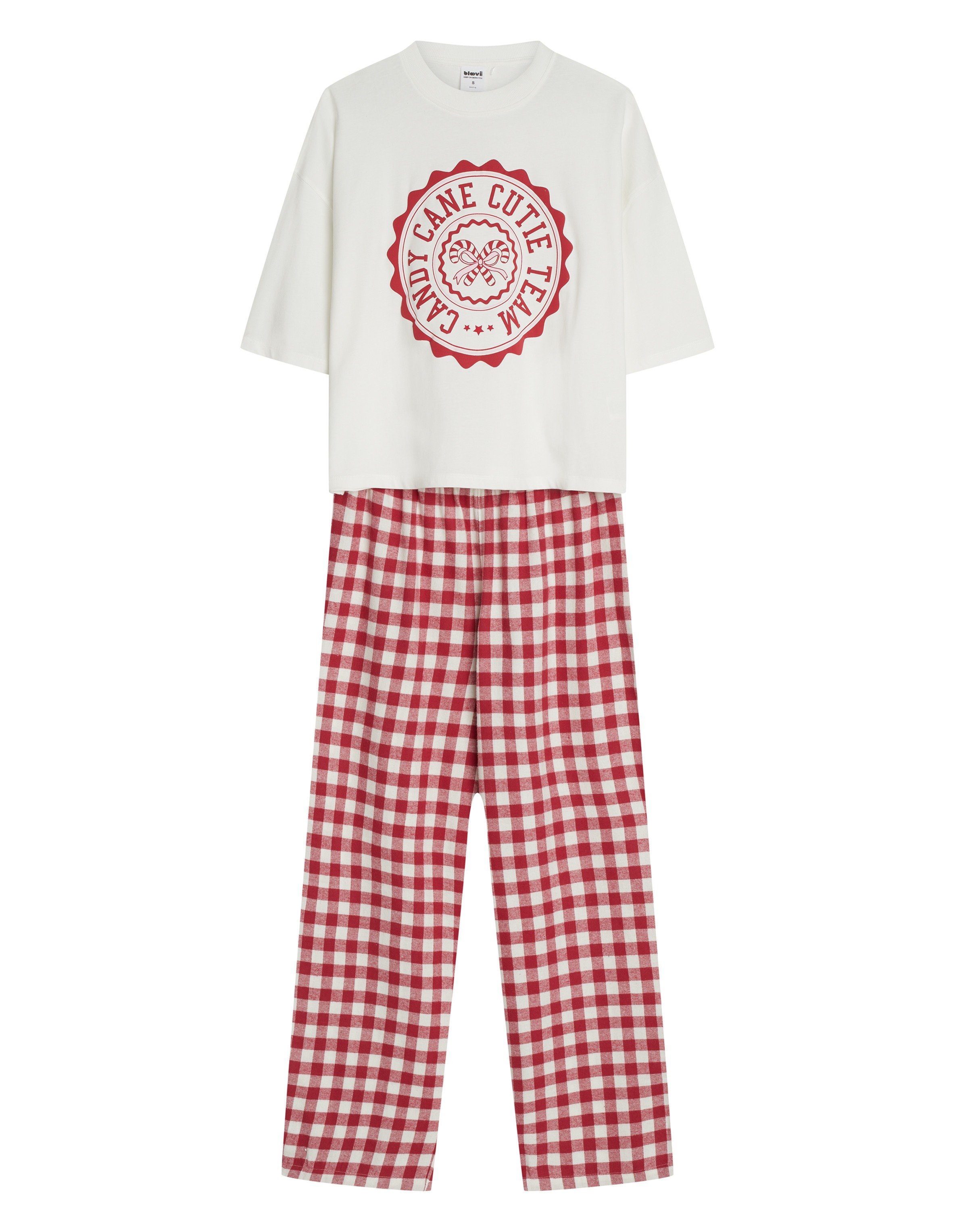 Long Pajamas CANDY CUTIE Ecru with Flannel Pants - cream