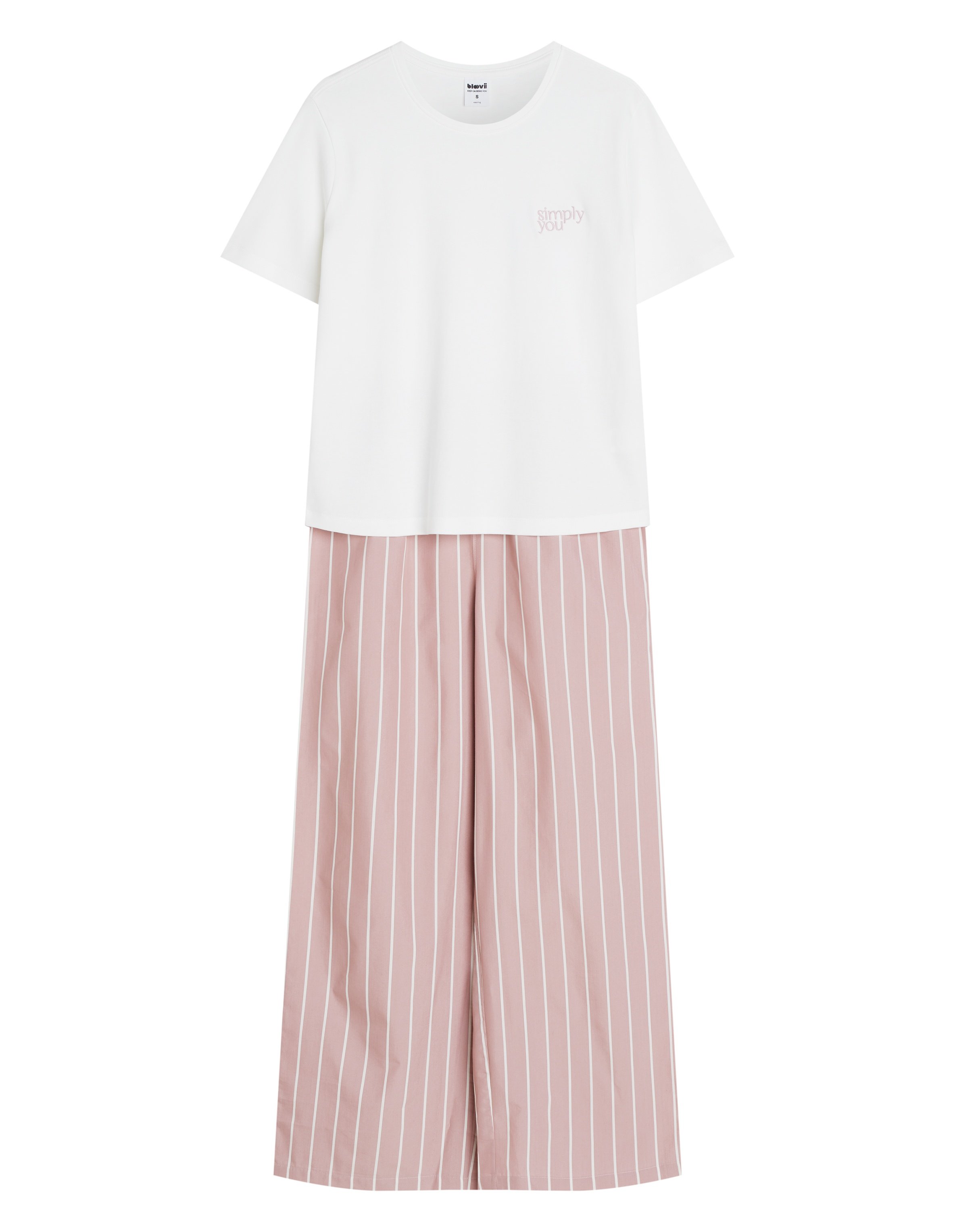 Long Pajamas SIMPLE Pink with Embroidery and Striped Pants