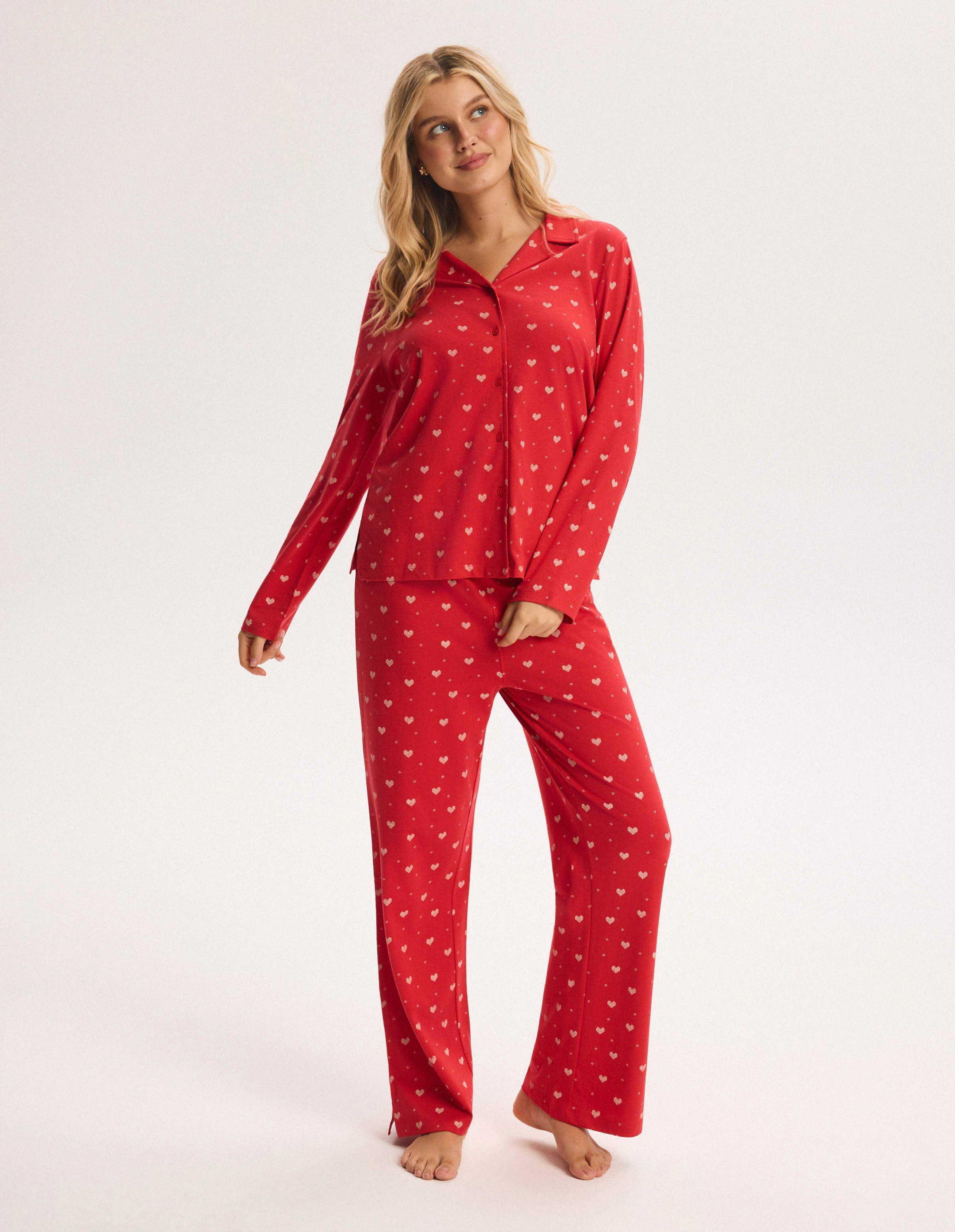 Long Pajamas CRANBERRIES Red Button-Up with Hearts 1