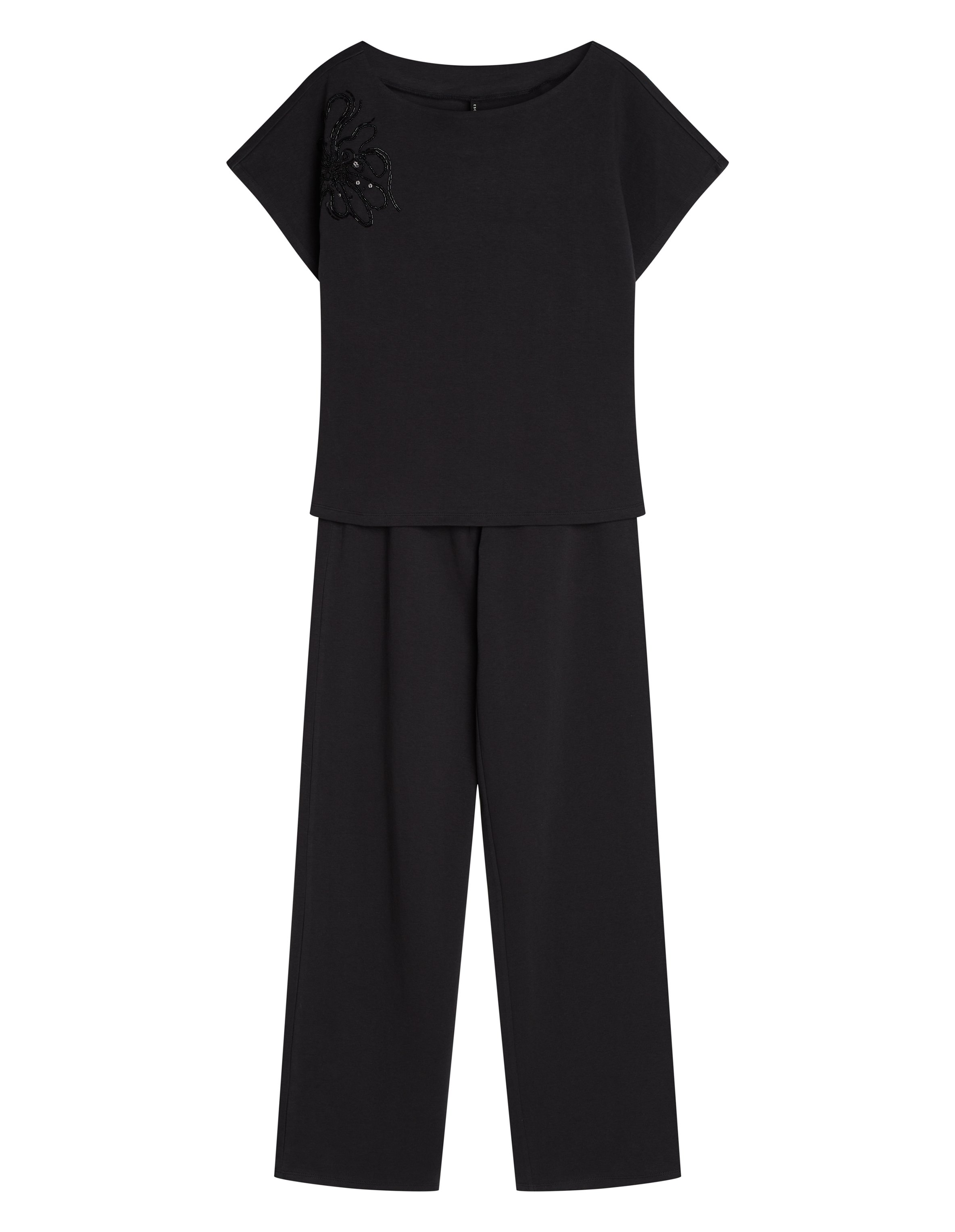 Long Pajamas MYSTIC Premium with Floral Appliqué - Black