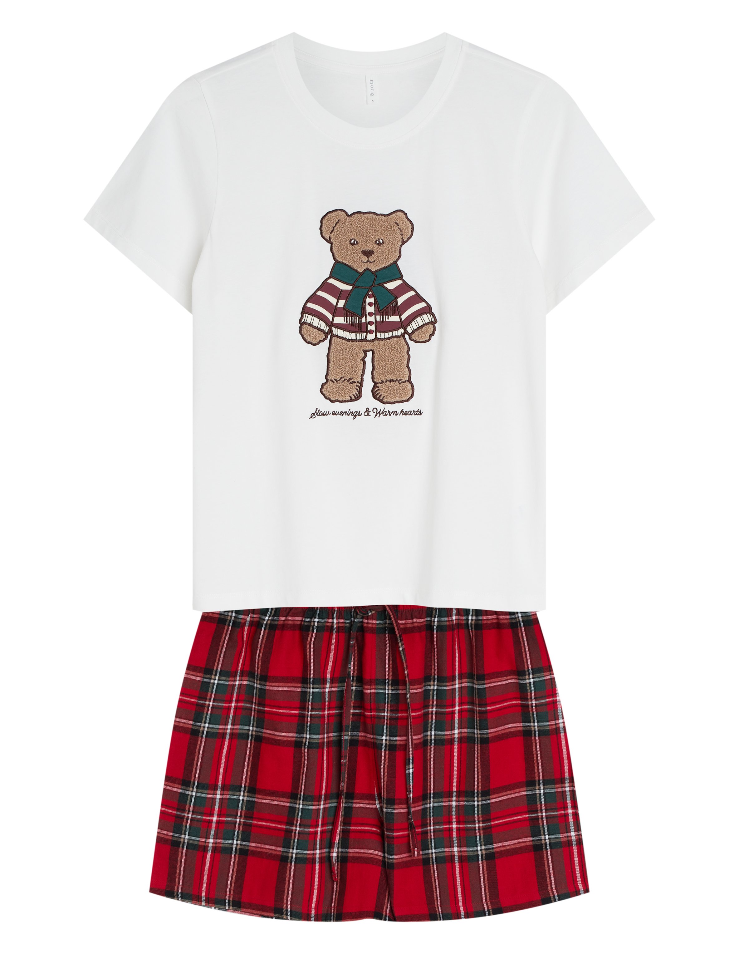 Short Pajamas NOEL with Bear Appliqué and Plaid - cream