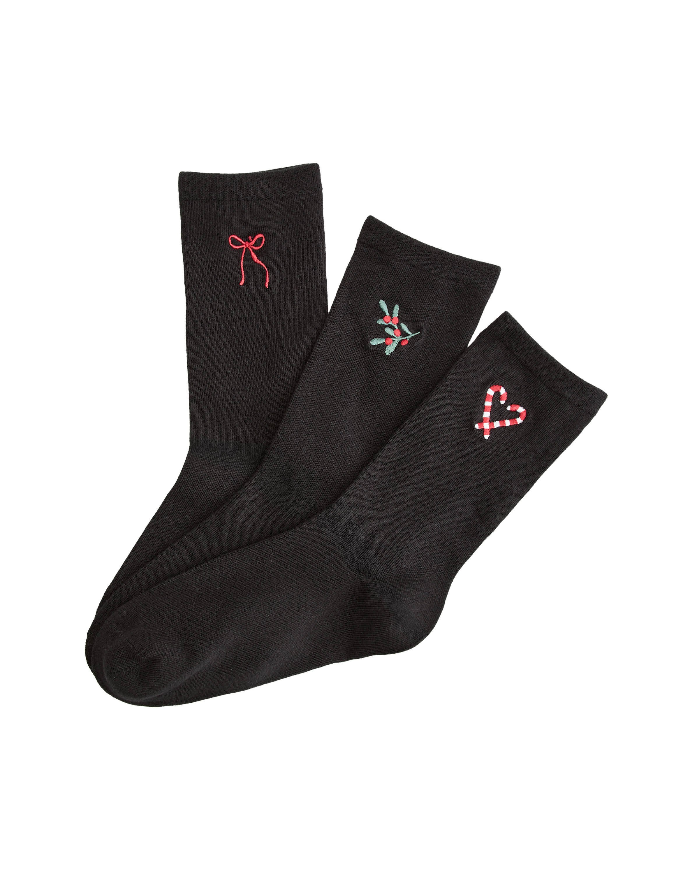 Three-Pack of Mistletoe Christmas Socks with Embroidery - Multi