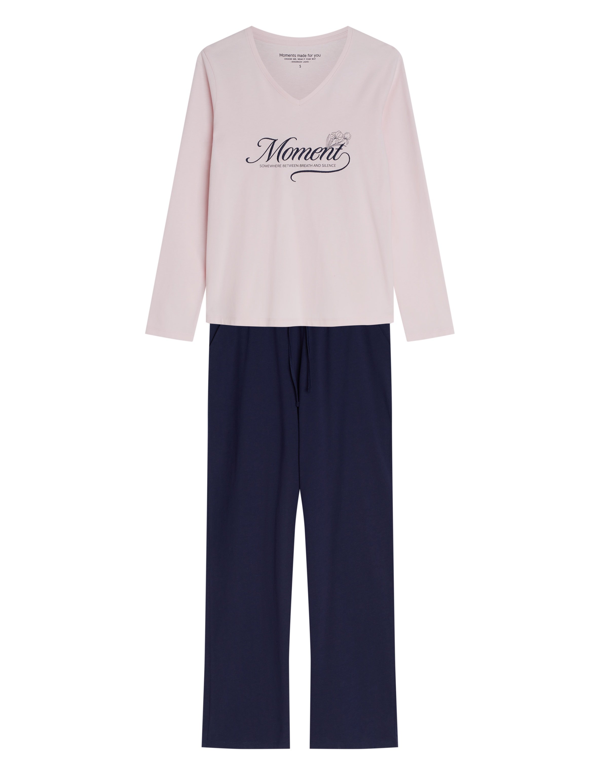 Long Pajamas GIANNA Pink with V-Neck and Long Sleeves - pink