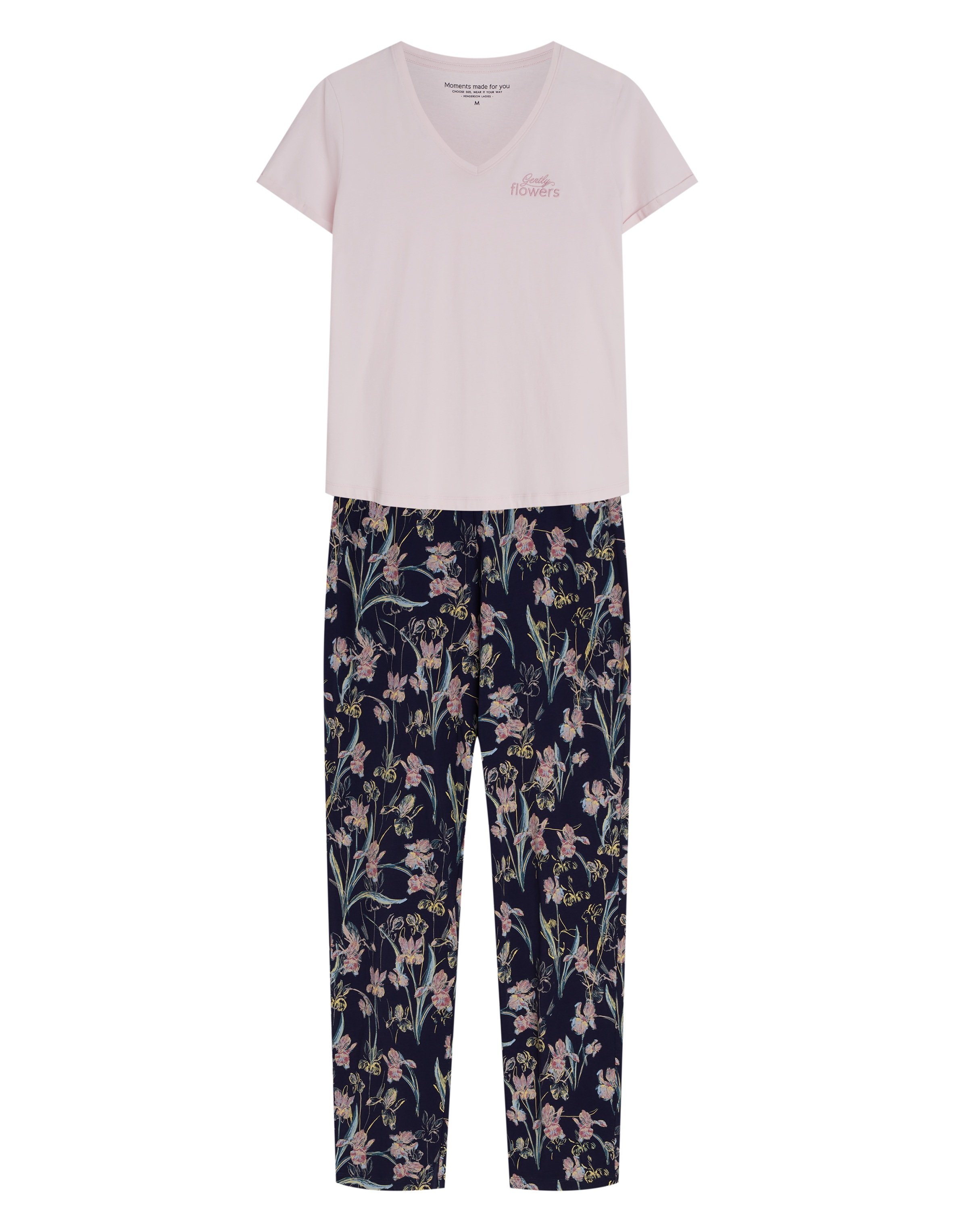Long Pajamas GIANNA Pink with Embroidery and Short Sleeve - pink