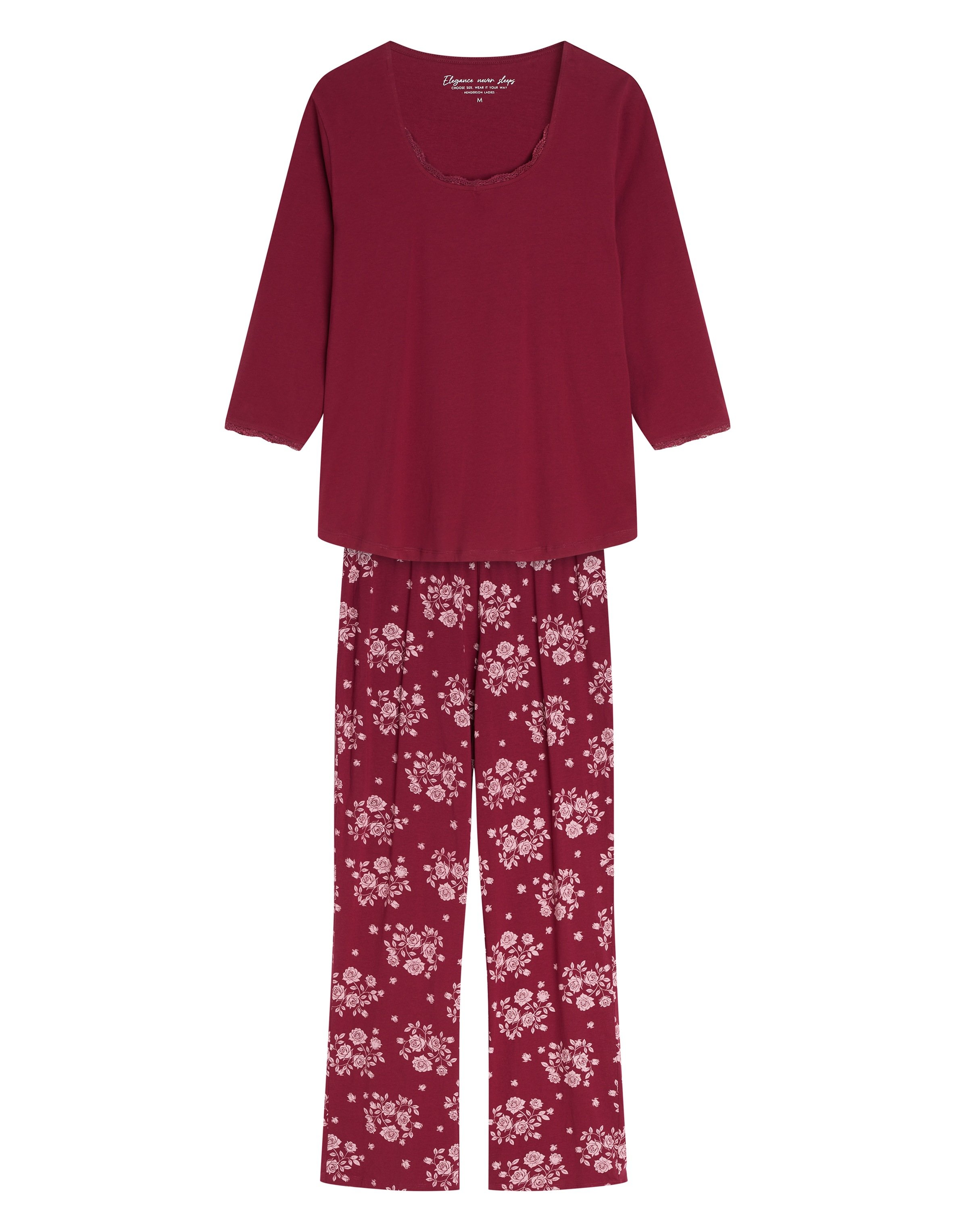 Long Pajamas GRETA Brown with Flowers with 3/4 Sleeves - Red