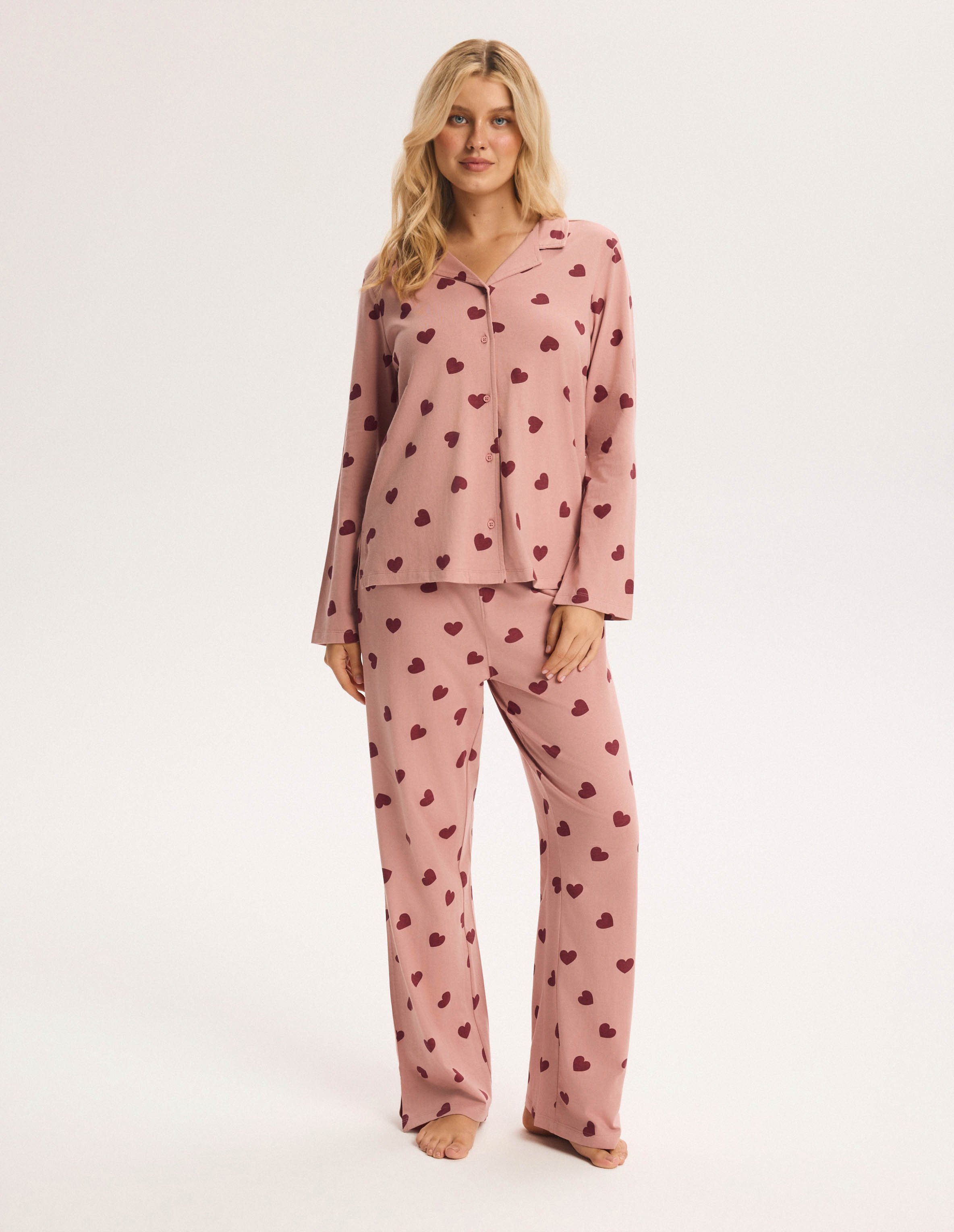 Softie Long Pajamas Pink Knit with Hearts 1