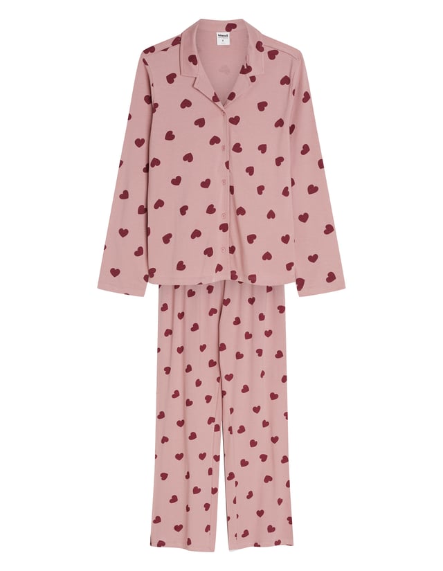 Softie Long Pajamas Pink Knit with Hearts - pink