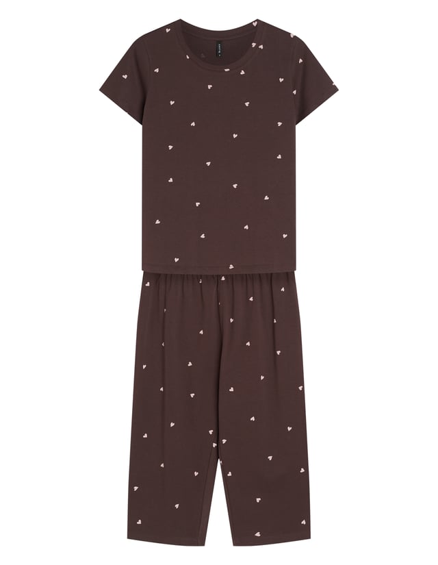 Long Pajamas MIMI in Cotton with Small Hearts - brown