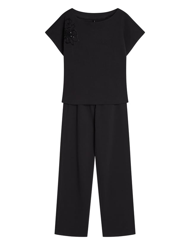 Long Pajamas MYSTIC Premium with Floral Appliqué - Black