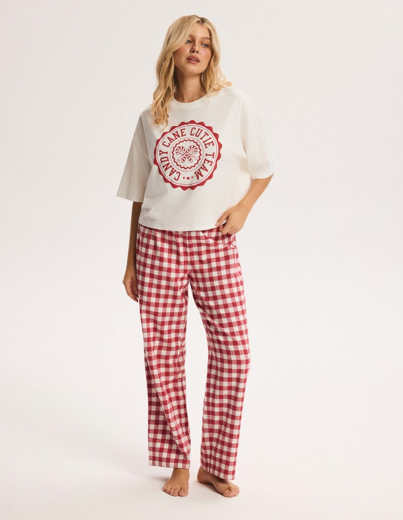 Long Pajamas CANDY CUTIE Ecru with Flannel Pants cream 1