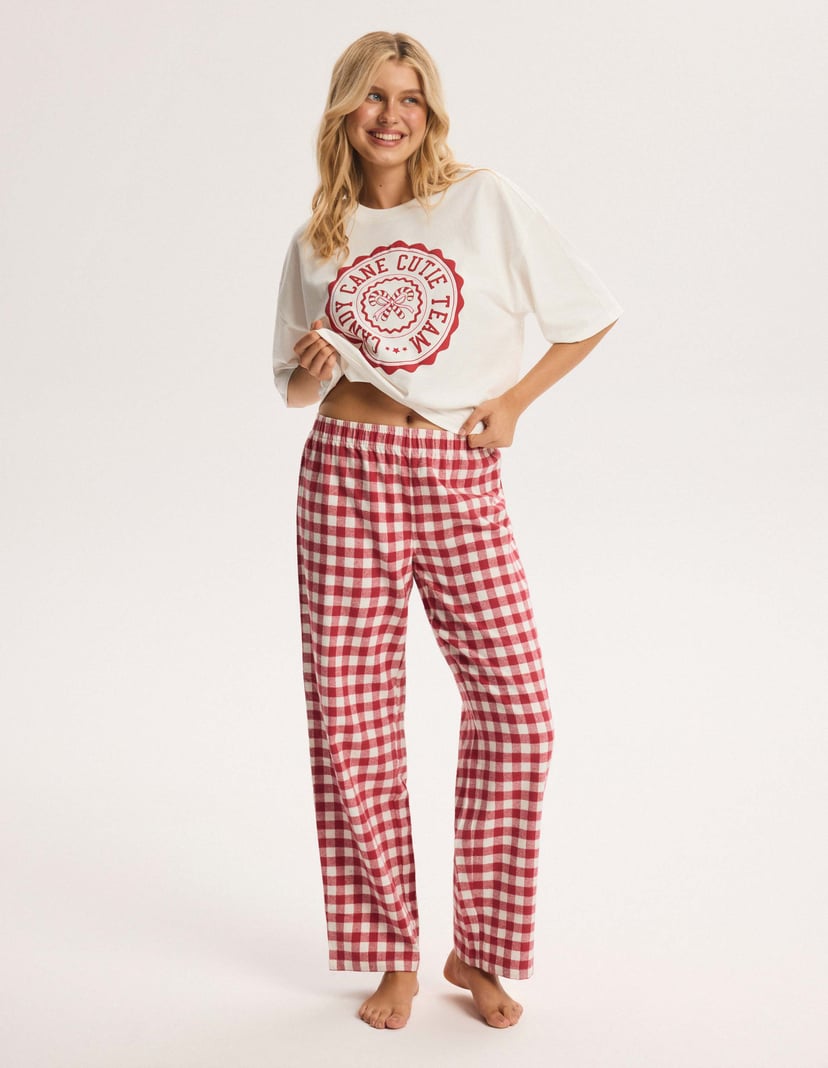 Long Pajamas CANDY CUTIE Ecru with Flannel Pants cream 6