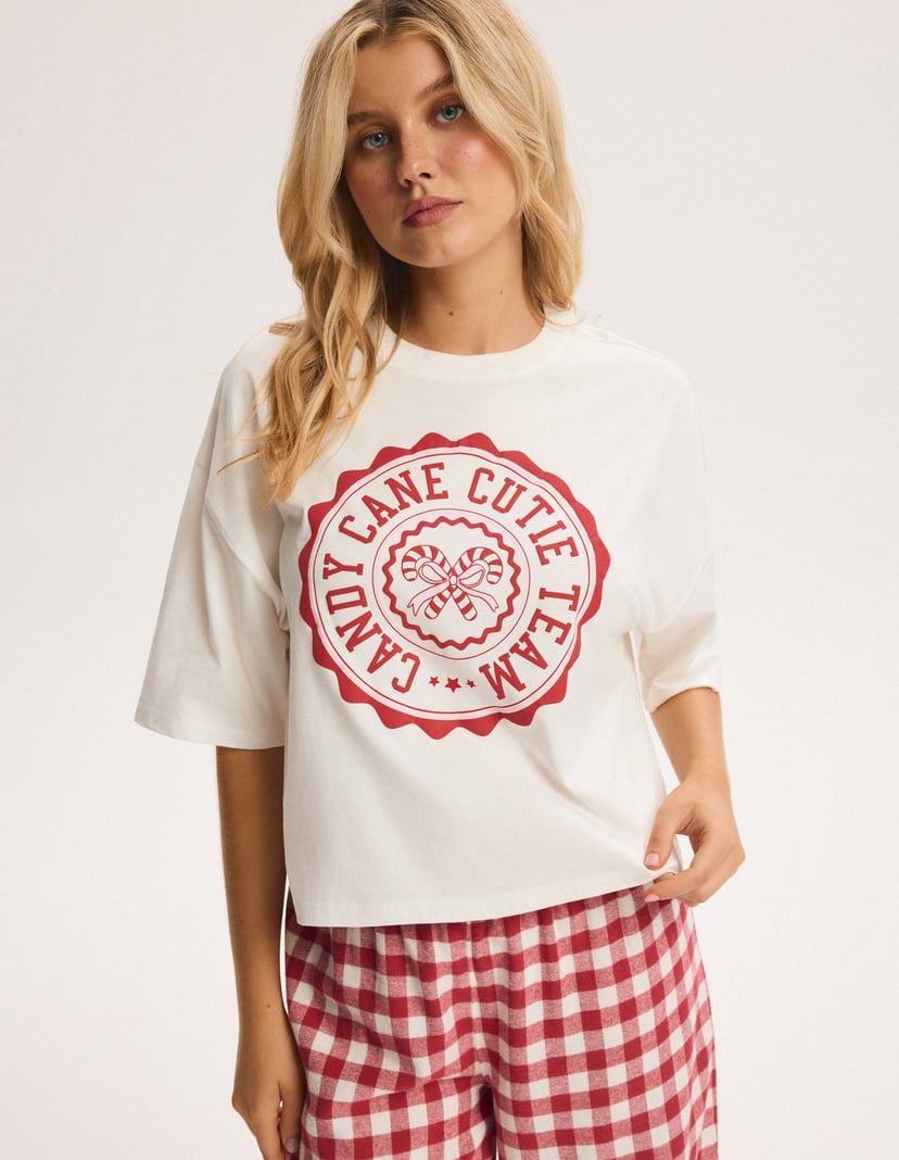 Long Pajamas CANDY CUTIE Ecru with Flannel Pants cream 2