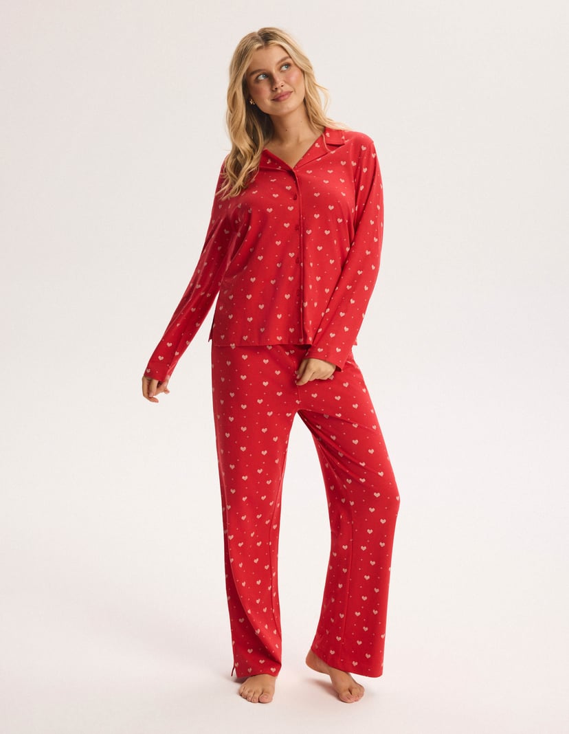 Long Pajamas CRANBERRIES Red Button-Up with Hearts Red 1