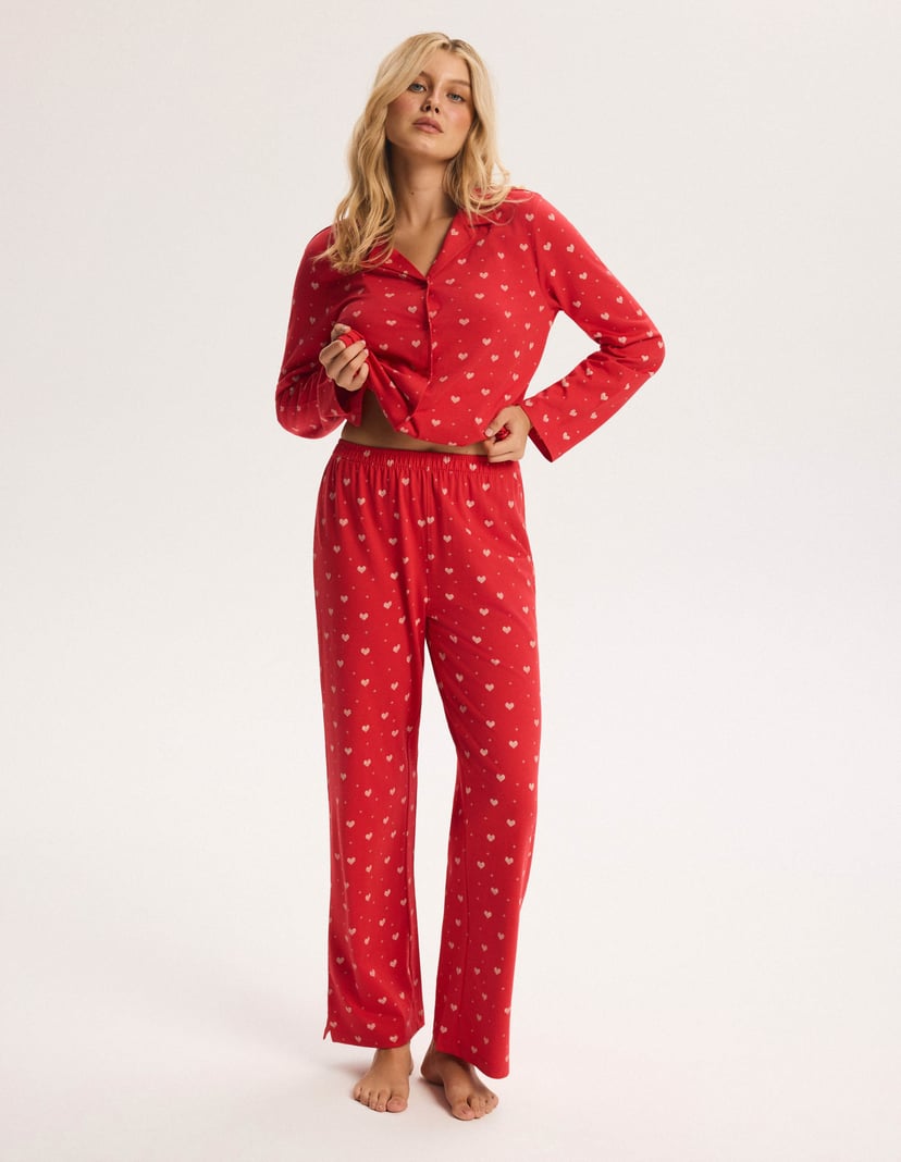 Long Pajamas CRANBERRIES Red Button-Up with Hearts Red 7
