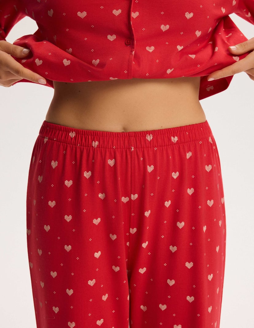 Long Pajamas CRANBERRIES Red Button-Up with Hearts Red 4