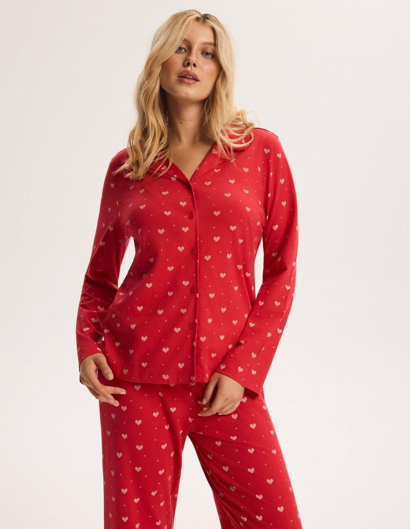 Long Pajamas CRANBERRIES Red Button-Up with Hearts Red 2