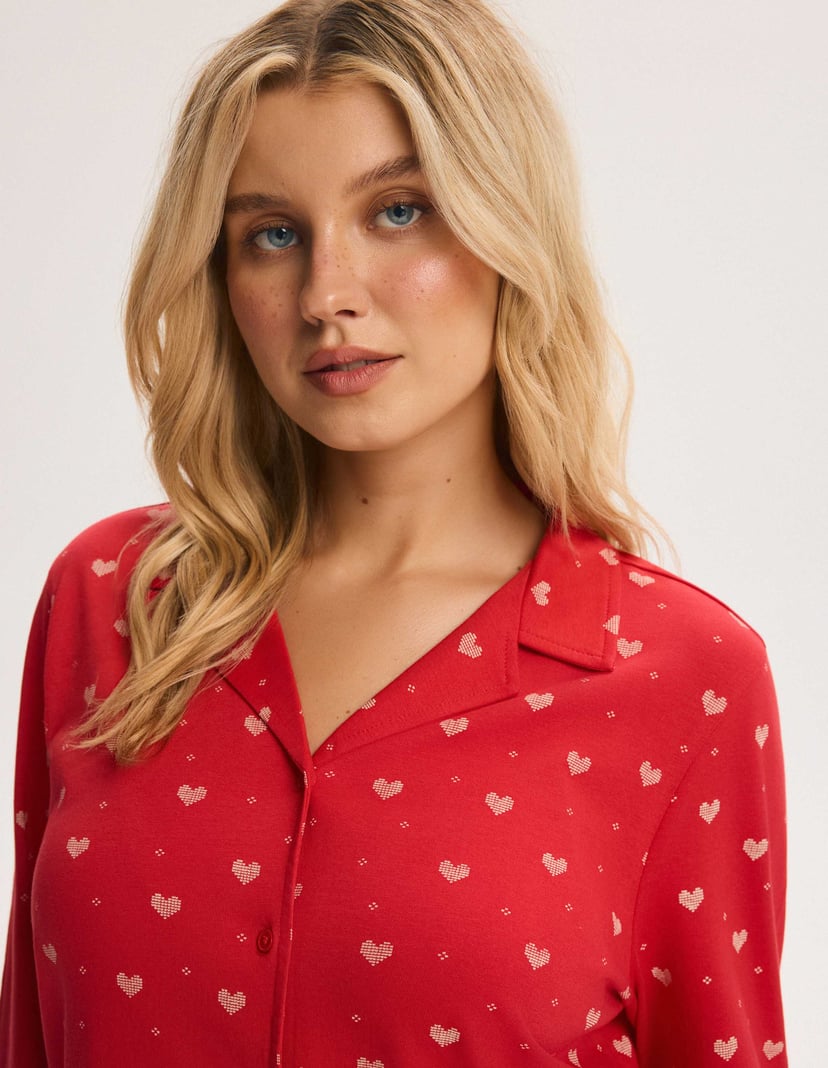 Long Pajamas CRANBERRIES Red Button-Up with Hearts Red 3