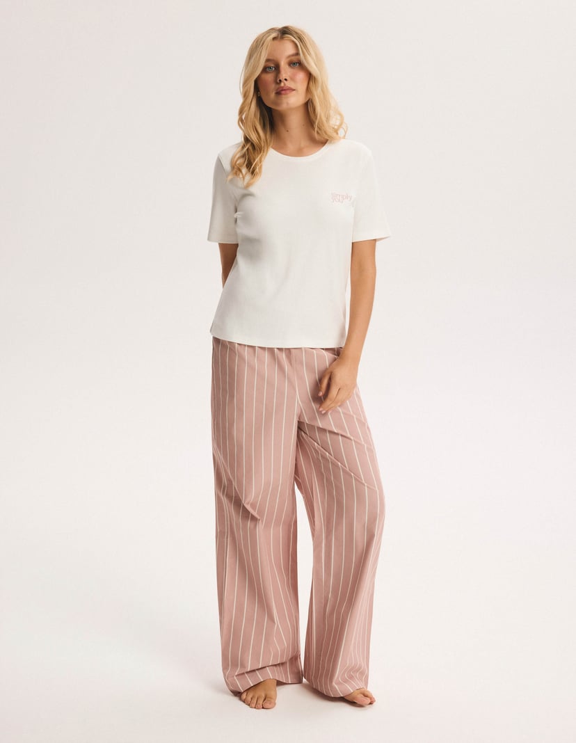 Long Pajamas SIMPLE Pink with Embroidery and Striped Pants pink 1