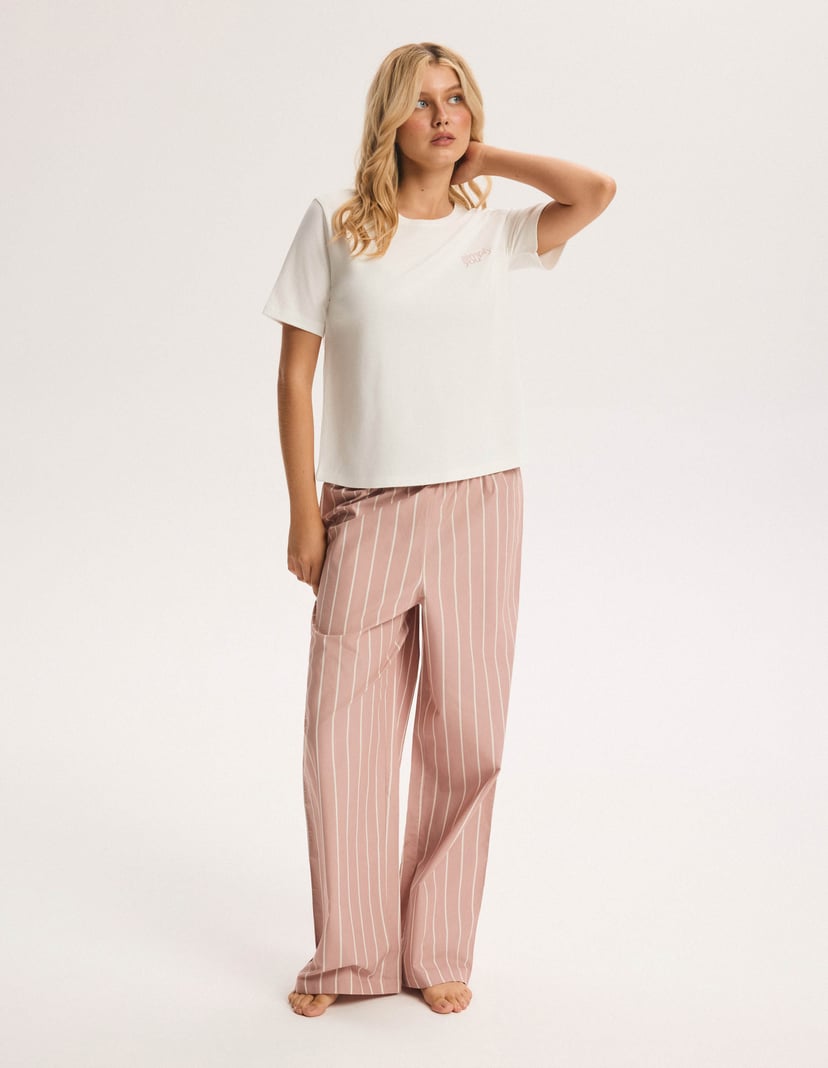Long Pajamas SIMPLE Pink with Embroidery and Striped Pants pink 7