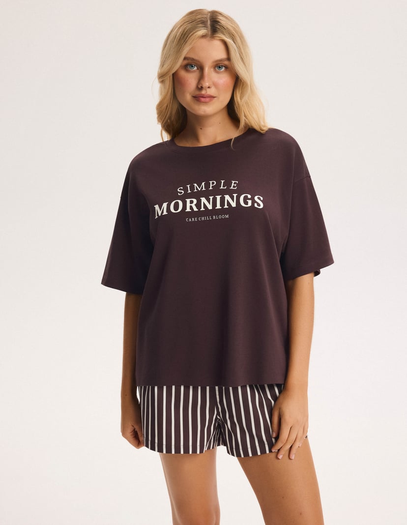 Loose Short Pajamas MORNING in Vertical Stripes brown 1
