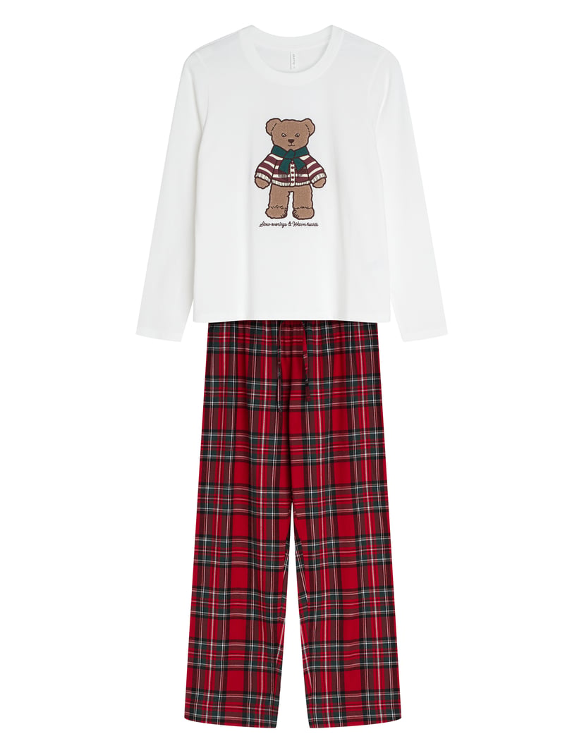 Long Pajamas NOEL with Bear Appliqué and Plaid Pants cream 7