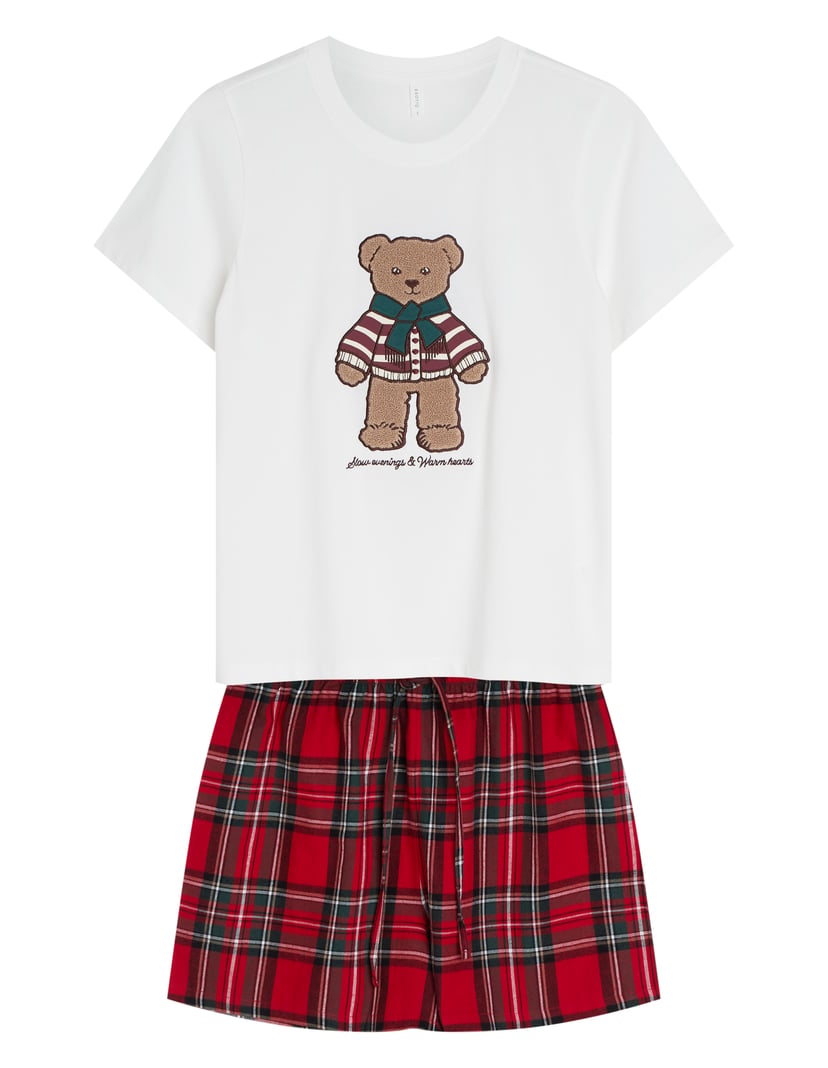 Short Pajamas NOEL with Bear Appliqué and Plaid cream 7