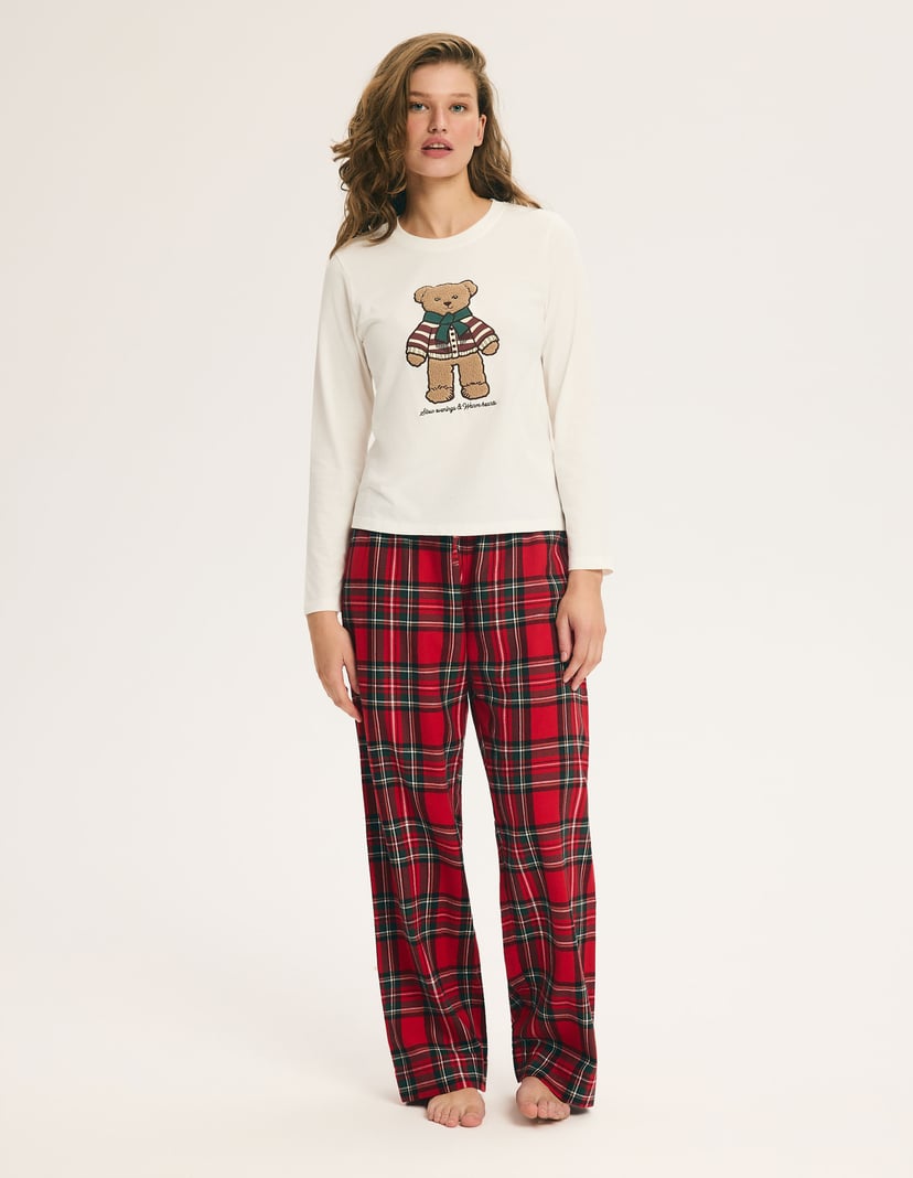 Long Pajamas NOEL with Bear Appliqué and Plaid Pants cream 1