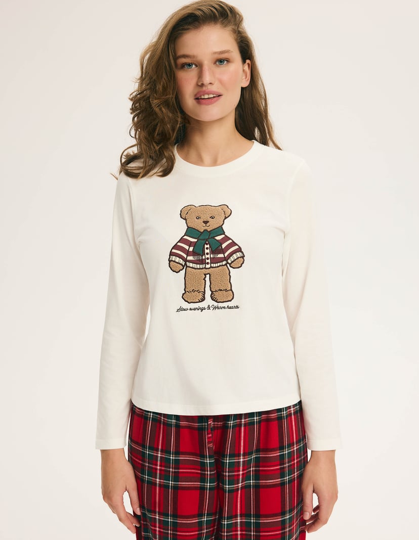 Long Pajamas NOEL with Bear Appliqué and Plaid Pants cream 2