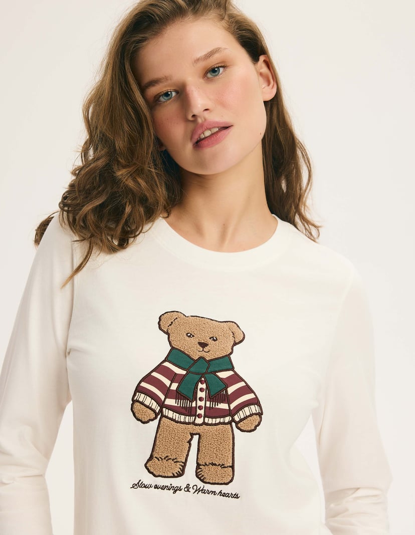 Long Pajamas NOEL with Bear Appliqué and Plaid Pants cream 3