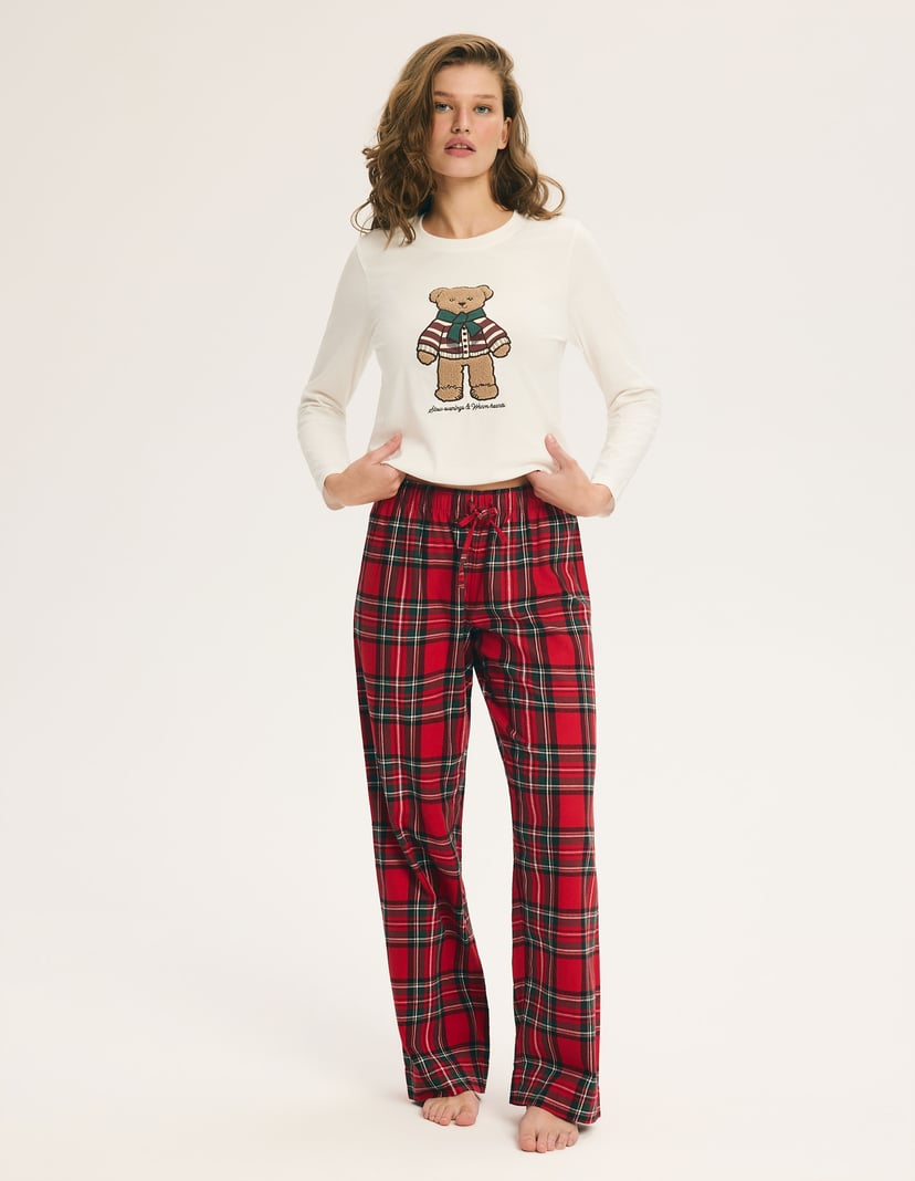 Long Pajamas NOEL with Bear Appliqué and Plaid Pants cream 6