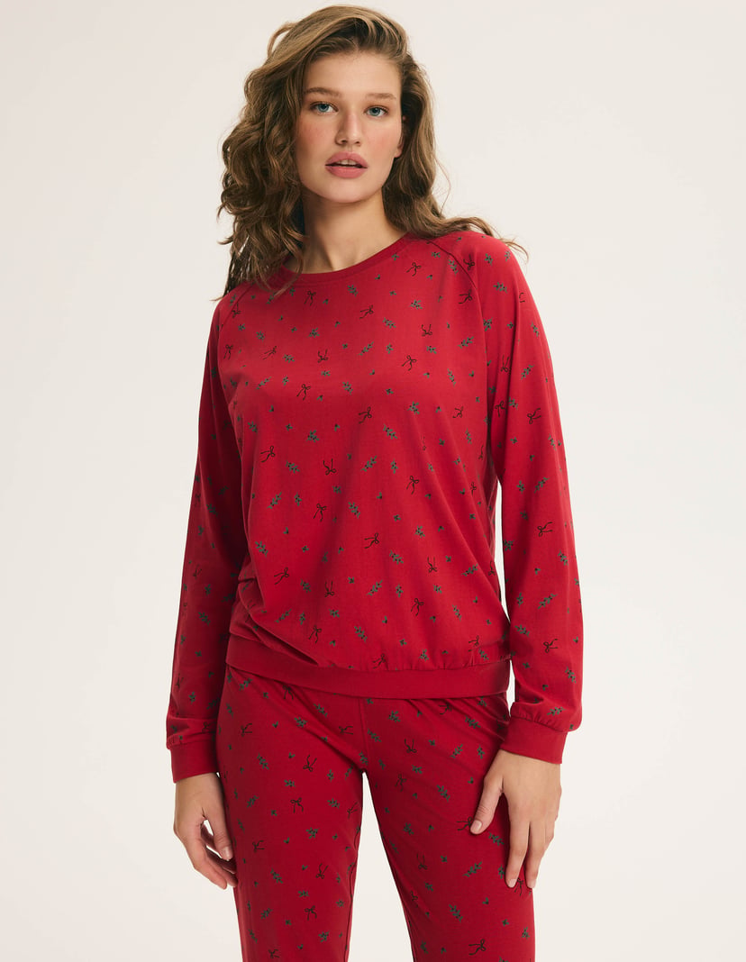 Long Pajamas RUBINA with Mistletoe Print Red 2