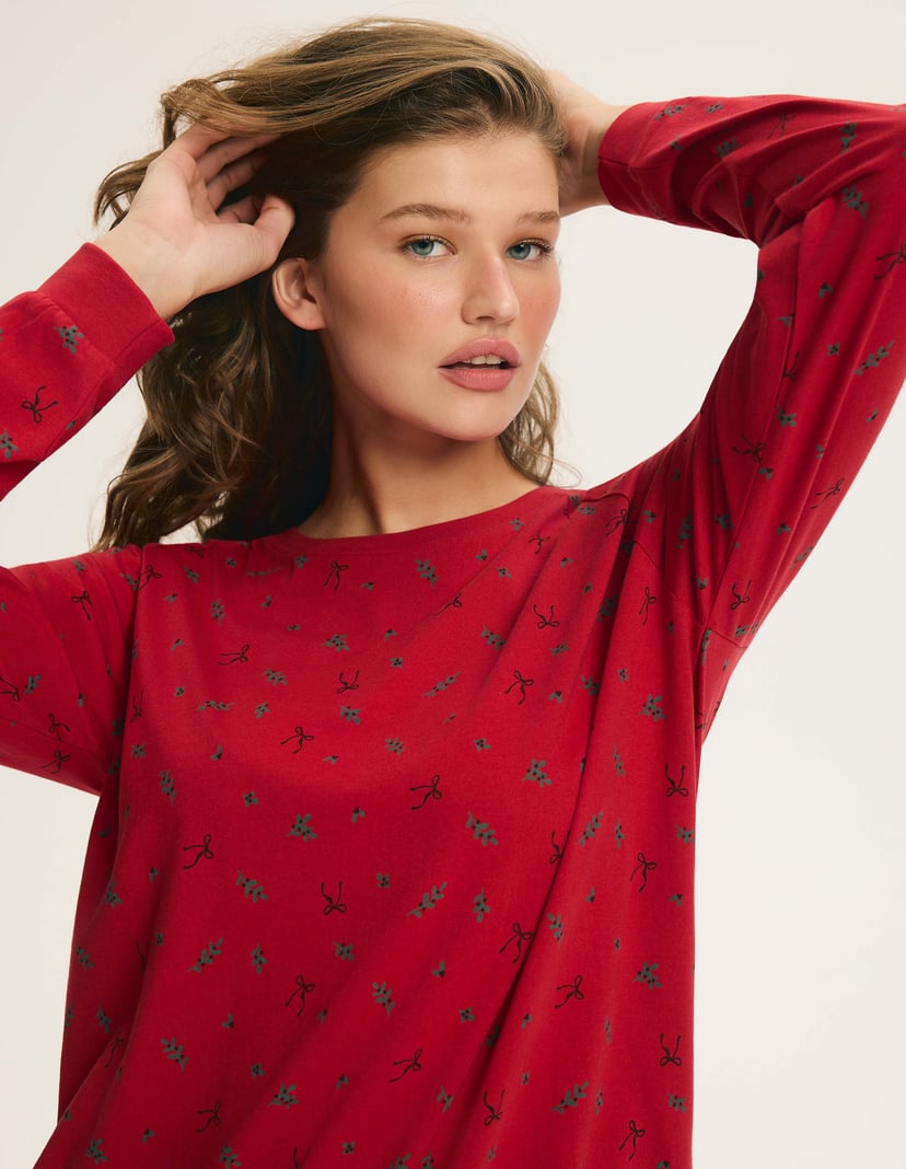 Long Pajamas RUBINA with Mistletoe Print Red 3