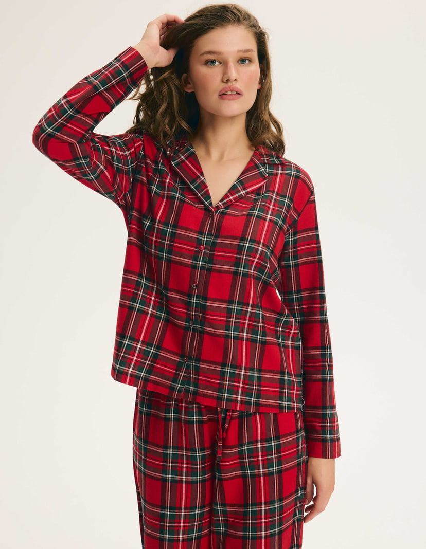 Long Pajamas SCARLETTE in Cotton Flannel Check Red 2