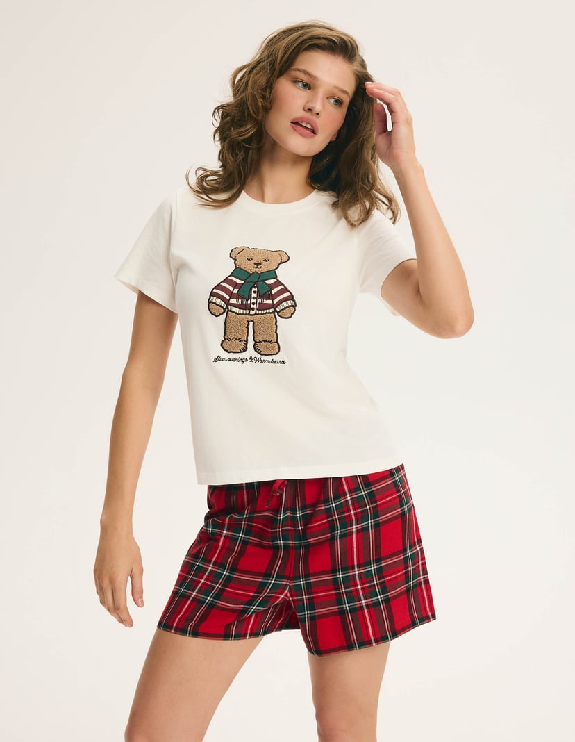 Short Pajamas NOEL with Bear Appliqué and Plaid cream 6