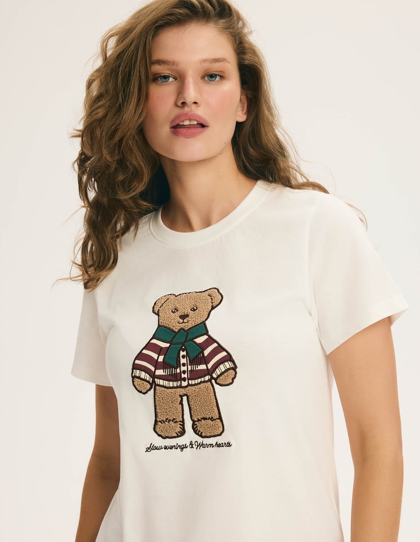 Short Pajamas NOEL with Bear Appliqué and Plaid cream 2
