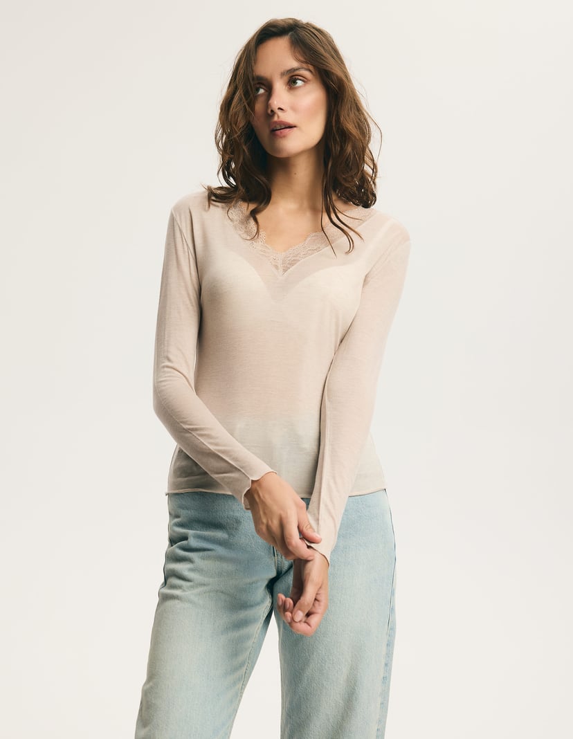 Light Beige MESHBASE Top with Lace Neckline cream 2