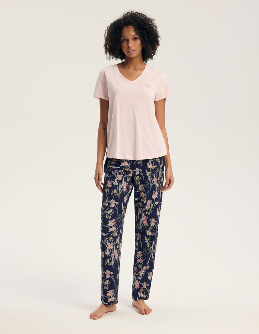 Long Pajamas GIANNA Pink with Embroidery and Short Sleeve pink 1