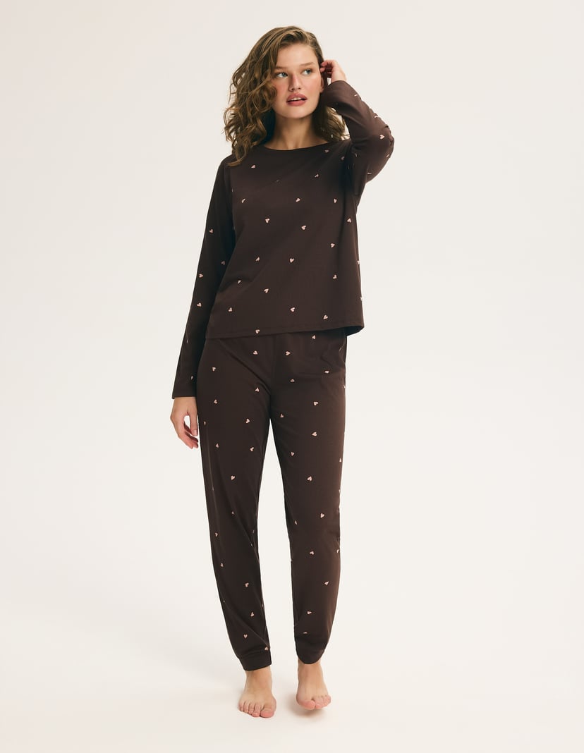 Long Pajamas MIMI in Cotton with Small Hearts brown 1