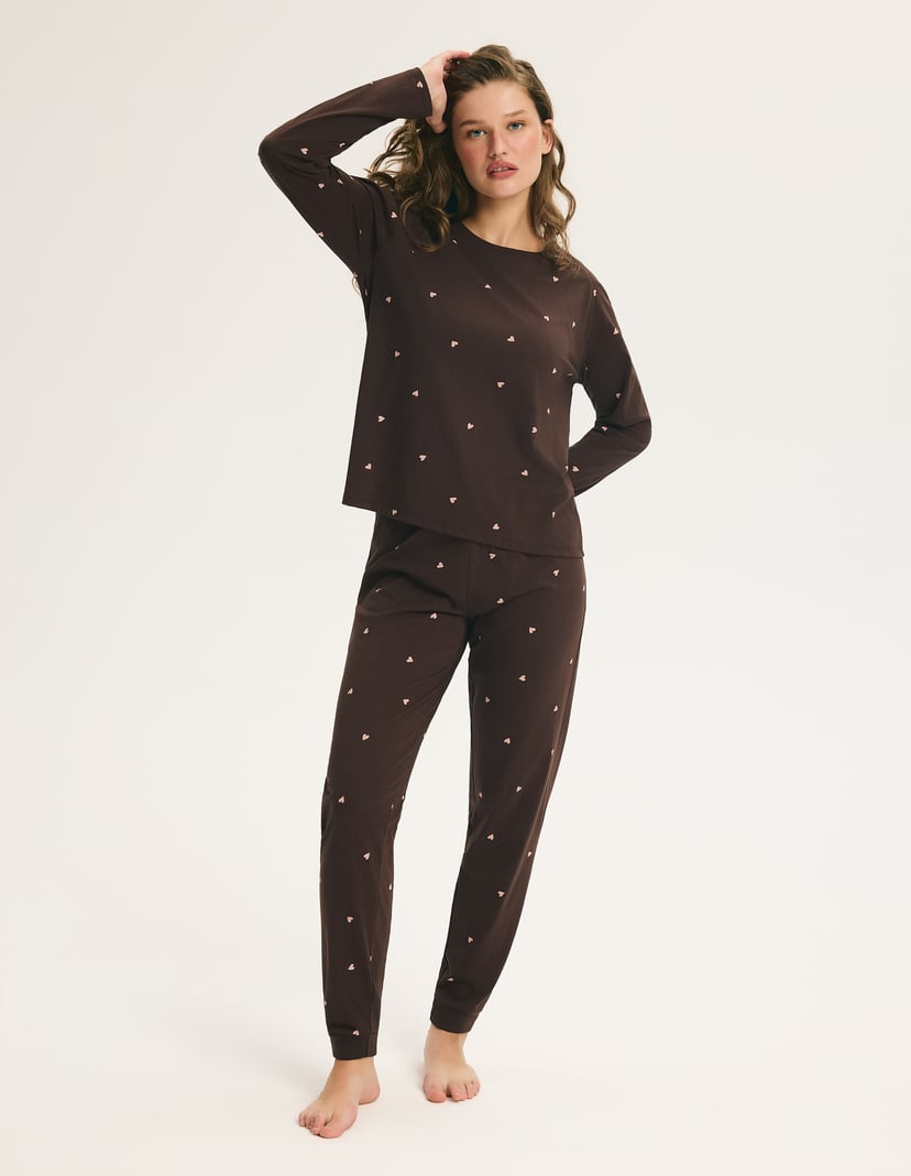 Long Pajamas MIMI in Cotton with Small Hearts brown 10