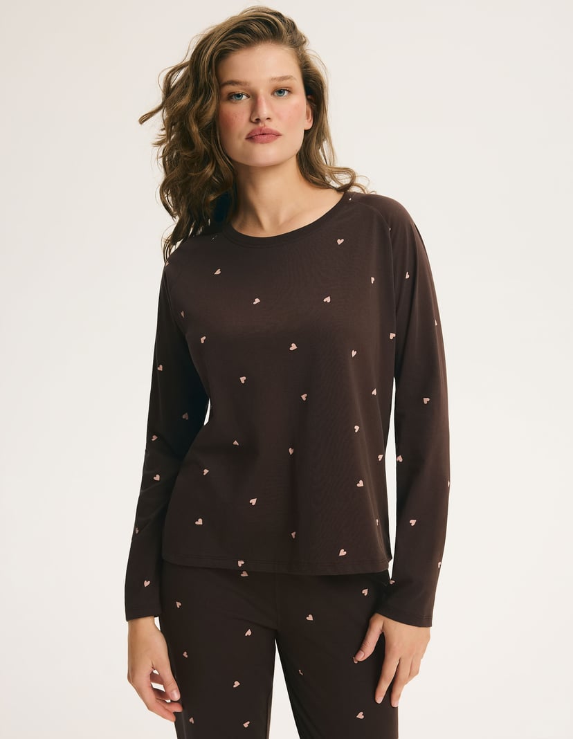 Long Pajamas MIMI in Cotton with Small Hearts brown 2