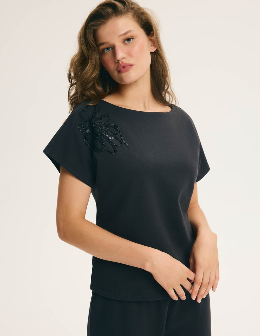 Long Pajamas MYSTIC Premium with Floral Appliqué Black 2